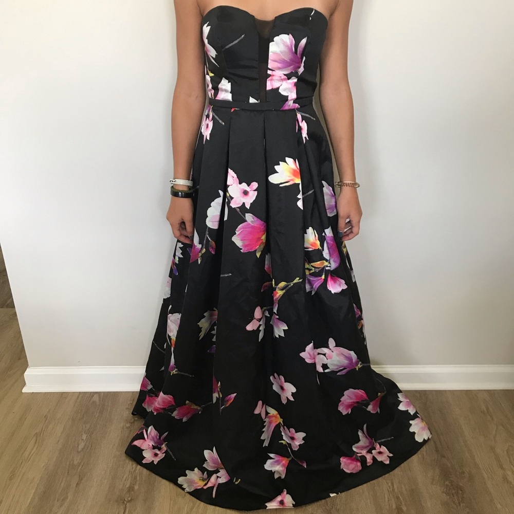 Long, strapless, flower print prom dress